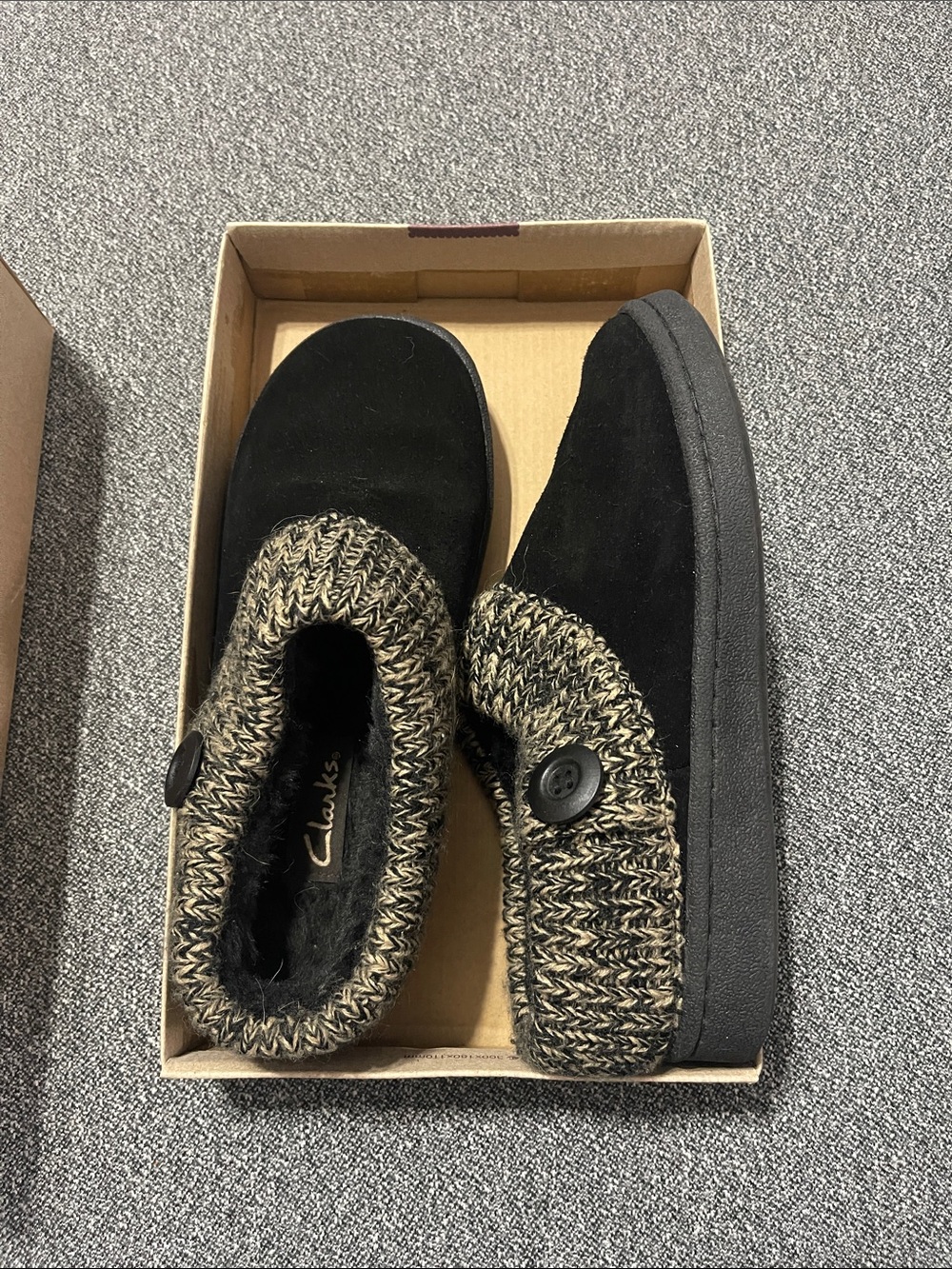 Clarks Black Suede Slip-On Slippers with Knit Cuff
